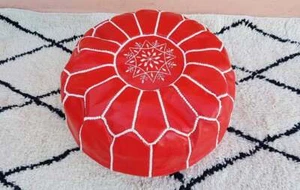 Moroccan Pouf Genuine Leather Boho Pouf Ottoman Footstool Pouffe Red Color - Picture 1 of 4