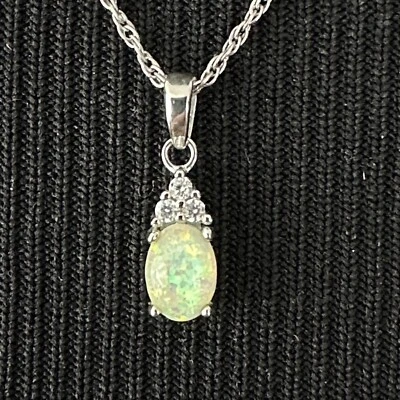 JACMEL sterling silver faux opal CZ necklace - 18" chain dainty oval cab pendant - Image 1 of 4