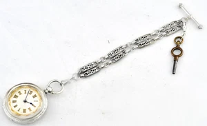 Antique 800 Solid Silver Swiss Pocket Watch & Fob Chain Set - Solid Silver Dial - Picture 1 of 9