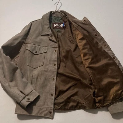 Schott Suede Leather Trucker Jacket Size 38 Khaki Brown Button USA Fashion Used - Image 1 of 4