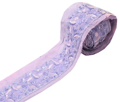 Sushila Vintage Lavanda Sari Borde Crepe Artesanal Costura Recorte A Mano Cuentas Encaje Foto 1 de 4