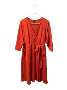 Torrid Size 1 Orange Red Surplice 3/4 Sleeve Faux Wrap Dress Knee Length Knit - Picture 1 of 8