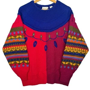 LESLIE FAY Vintage Grandma Core Funky Purple Pink Crewneck Knit Sweater Size L - Picture 1 of 5