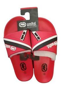 ECKO UNLIMITED Pantolette Sandale Herren Gr. 8 rot schwarz weiß Streifen Marke Nashorn - Bild 1 von 3