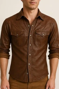 Camisa de cuero de piel de cordero marrón choco para hombre - Chaqueta de motocicleta vintage ajustada c - Imagen 1 de 3