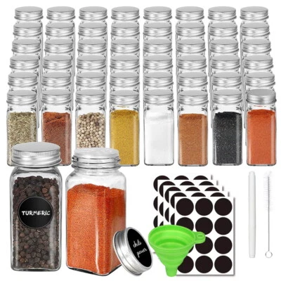 12/36X Spice Jars Square Glass Airtight Spice Bottles Shaker + Alu Lids & Labels - Image 1 of 4