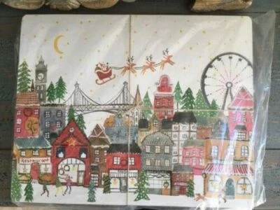  Pottery Barn CHRISTMAS In The City Lumbar Pillow Cover And Set 4 Cork Placemats - Image 1 of 4