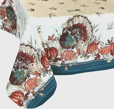 ELRENE HOME FASHIONS Fall Vinyl Tablecloth Thanksgiving Holiday Pumpkins Leaves Turkey Border Asst Sz