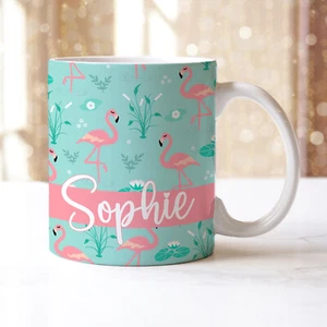 Personalised Coffee Tea Mug FLAMINGO Tropical Name Girls Ladies Home Decor Gift - Picture 1 of 4