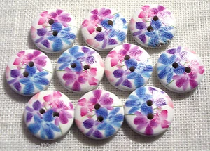 BOUTON BOIS ROND ** 15 mm ** Qté x6 ou x10 - FLEUR bleu rose - 15/114 - Picture 1 of 1
