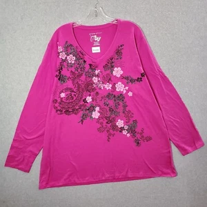 JMS Women Top 3x Pink Shirt Paisley Graphic Long Sleeve V Neck Tee - Picture 1 of 9