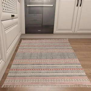 Cotton Block Printed Handwoven Low Pile Non-Slip Rug For Living Room, Bedroom - Picture 1 of 8