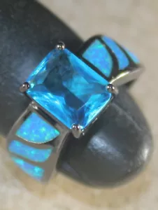 Eleganter rechteckiger Ring schwarz Silber blauer Feueropal & Blautopas Größe 8, WR41204 - Bild 1 von 3