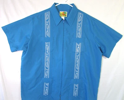 Haband Guayabera Shirt Mens XL Blue Zip Front Embroidered 4 Pocket Short Sleeve - Image 1 of 4