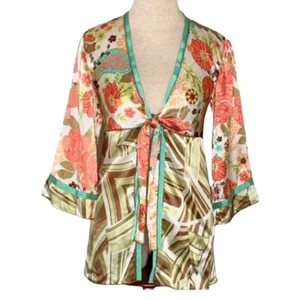 Cabi 100% Silk Kimono Wrap Top with Tie Multimedia 70's Inspired Y2k Sz Large - Picture 1 of 12