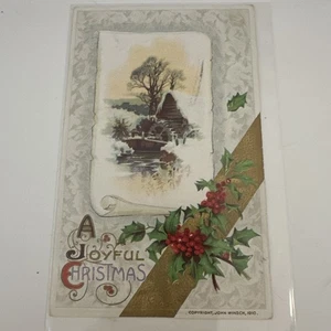Winsch Merry Christmas Holly Berries Snow Scenery 1910 Vintage Postcard Embossed - Picture 1 of 2