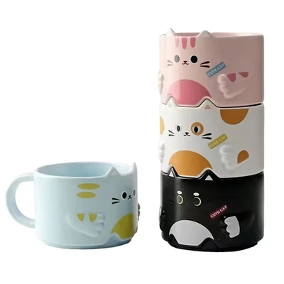Stackable Mug Set of 4, Adorable Ceramic Coffee Mugs with Funny Cartoon Cat - Image 1 of 4