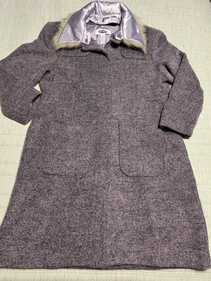Vintage Old Navy Wool Tweed Midi Pea Coat XXL Purple Faux Fur Hood Preppy - Image 1 of 4