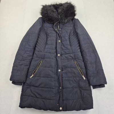 Abrigo F&F 6 azul para mujer de piel sintética con capucha acolchada chaqueta acolchada longitud media Foto 1 de 4