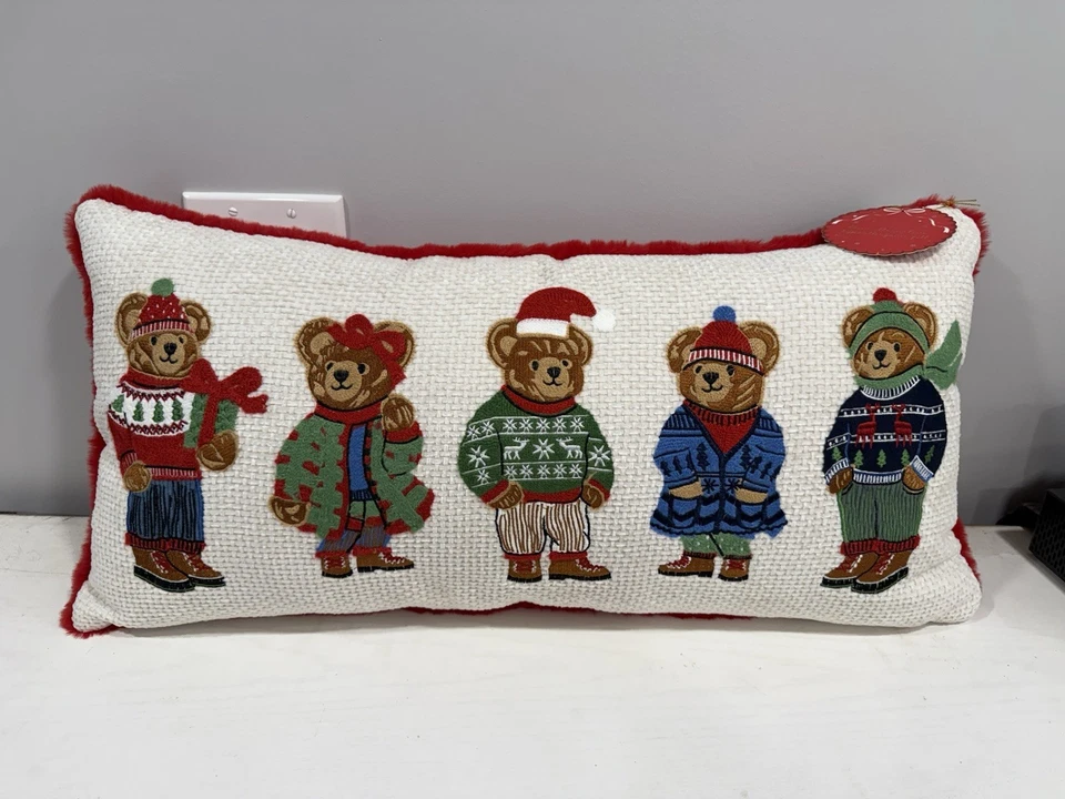 NEW Ralph Lauren Polo Bear Inspired Holiday Pillow Embroidered Teddy Bears 27x13 - Image 1 of 4