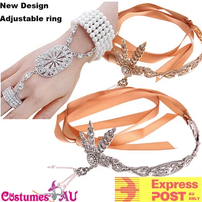 Juego de anillos pulsera diadema años 20 Gatsby tocado aleta disfraz de gángster Foto 1 de 4