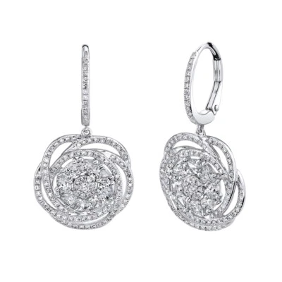 14K White Gold Diamond Flower Earrings Round Pear Cut Cluster Swirl Drop Dangle - Image 1 of 2
