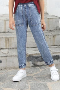 PANTS DENIM "S" "M" "L" "XL" "2X" Large Pocket Elastic High Waist Kids Jeans - Picture 1 of 4