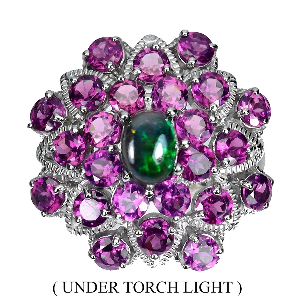 925 Sterling Silver Ring Oval Black Opal 7x5mm Rhodolite Gemstone Jewelry Size 9 - Image 1 of 4