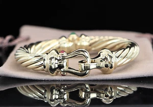 David Yurman 14k Yellow Gold Ruby Emerald Hook Buckle Bangle Cable Bracelet Sz M - Picture 1 of 10