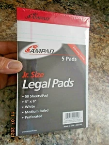 5 Ampad 5"x 8" Jr. Size Legal Pads, 50 Sheets/pad, White, med. ruled, Perforated - Picture 1 of 2