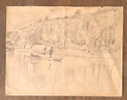 Bord de rivière, pêcheur, pêche, dessin original Jules PASCIN Tampon d'atelier