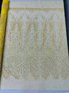 Heart Damask Beaded Fabric - Yellow - Embroidered Heart / Feather Design By Yard - Picture 1 of 5