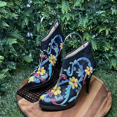 Botín SCARLET Mujer 40 EE. UU. 9 Negro Zapato al Tobillo Hecho a Mano Bordado Floral 1980 Foto 1 de 4
