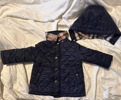 BURBERRY NAVY QUILT JACKET INFANT 6MO NOVA CHECK LINED DETACHABLE HOOD - Image 1 of 4