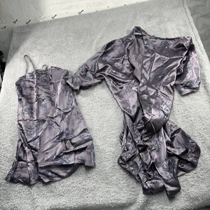 Valerie Stevens 100% Seide Morgenmantel Nachthemd Set klein lila Federdruck kurz - Bild 1 von 11