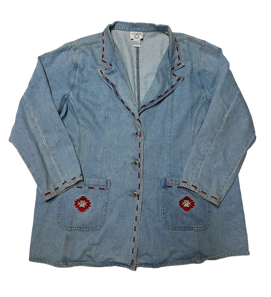 Jaqueta jeans vintage Cervelle feminina 2XL sudoeste bordada jeans anos 90 - Imagem 1 de 4