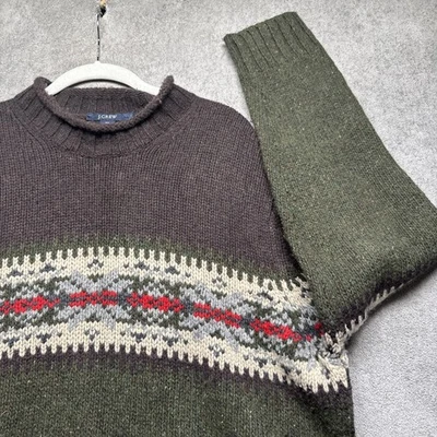 J Crew Men’s Lambswool Roll Neck Sweater Fair Isle Green Brown 1990s Large - Image 1 of 4
