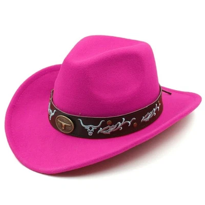 Hot Pink Western Cowboy Hat Bull & Turquoise Band Adjustable Felt Wide Brim - Image 1 of 4