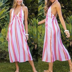 Trina Turk süß gestreiftes Midi Ring Neckholder Badeanzug Cover Up Kleid pink S neu mit Etikett - Bild 1 von 8