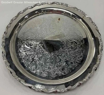 Set of 2 VTG ONEIDA USA Silver Plated Ornate Design 12" Round Serving Trays - Image 1 of 4