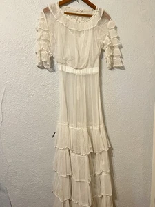 READ Edwardian Antique XXS Net Lace Gown Tea Lawn Dress Tiered Skirt Wedding - Picture 1 of 10