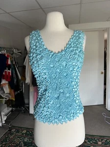 Vintage Y2k 90s Style Top One Size Blue Crinkle Tank Circle Abstract Popcorn - Picture 1 of 8