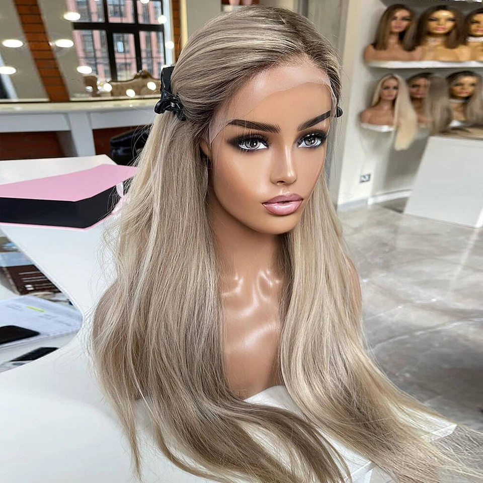 Ash Blonde Straight Lace Front Wig 100% Human Hair Dark Roots Pre Plucked - Image 1 of 4