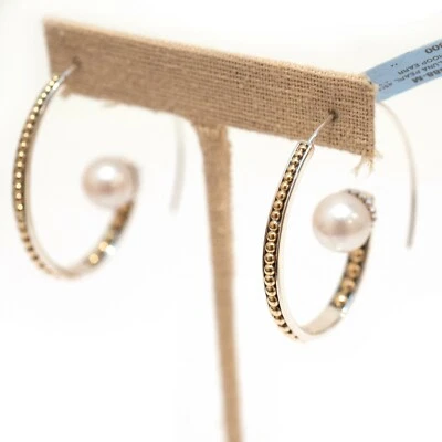 Nuevos pendientes llamativos LAGOS de plata de ley y perlas Luna de 18 quilates de 45 mm de medio aro Foto 1 de 4