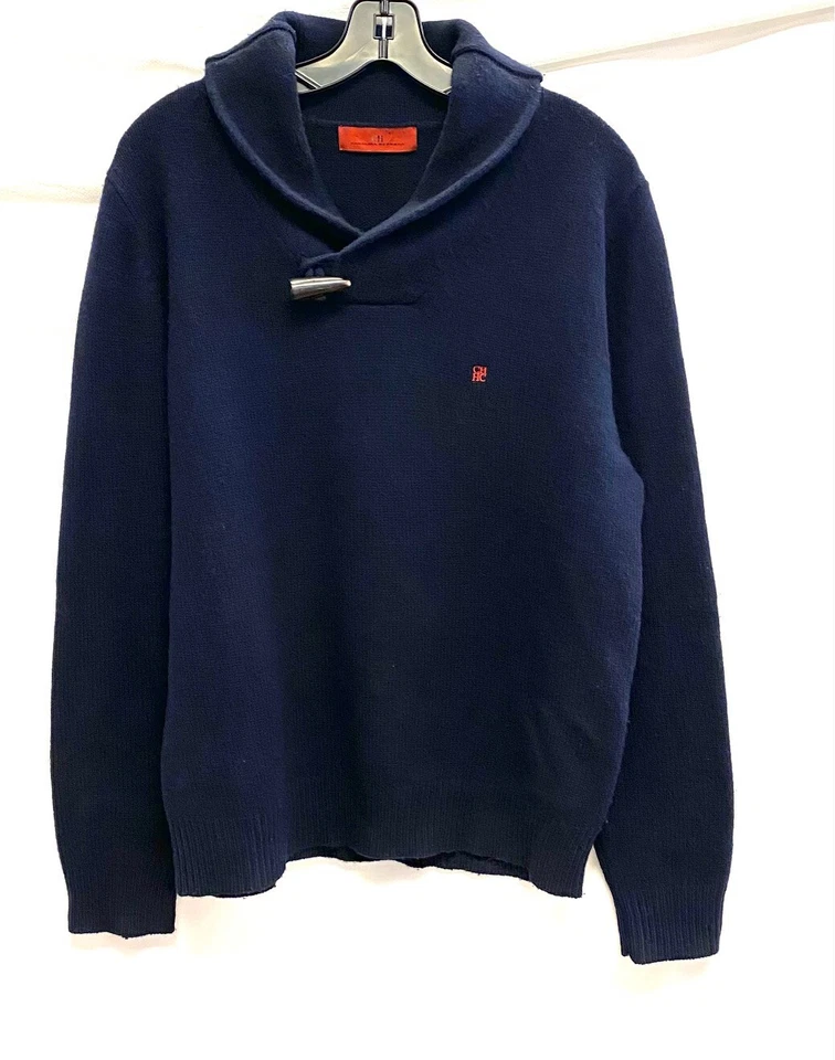 CAROLINA HERRERA 海军蓝披肩领 木制 牙骨闭合 羊毛毛衣 大号 — 第 1/4 张图片