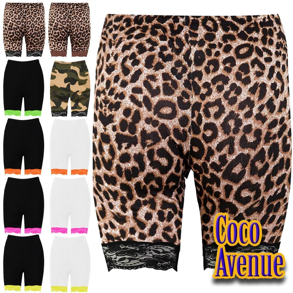 Ladies Biker Shorts Neon Lace Trim Cycling Shorts Fitness Stretchy Short Pants - Image 1 of 1