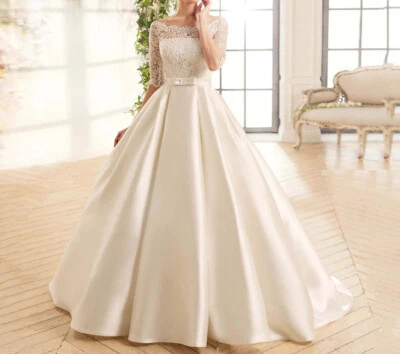 Elegantes vestidos de novia de satén medias mangas con cinturón lazo línea A vestido de novia tren Foto 1 de 4
