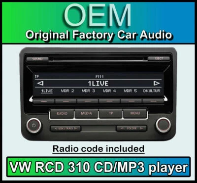 VW RCD 310 Lettore CD MP3, Unità Stereo Auto VW Polo, Fornito Con Codice Radio - Immagine 1 di 4