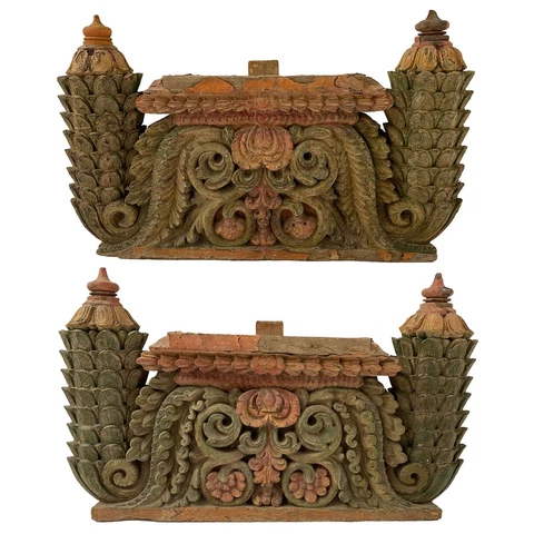 Pair Antique South Indian Painted Teak Architectural Fragments c. 1800 Cover