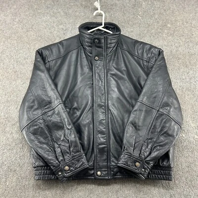 VINTAGE Members Only Jacket Mens XL Black Bomber Genuine Leather Full Zip 90s - Image 1 of 4